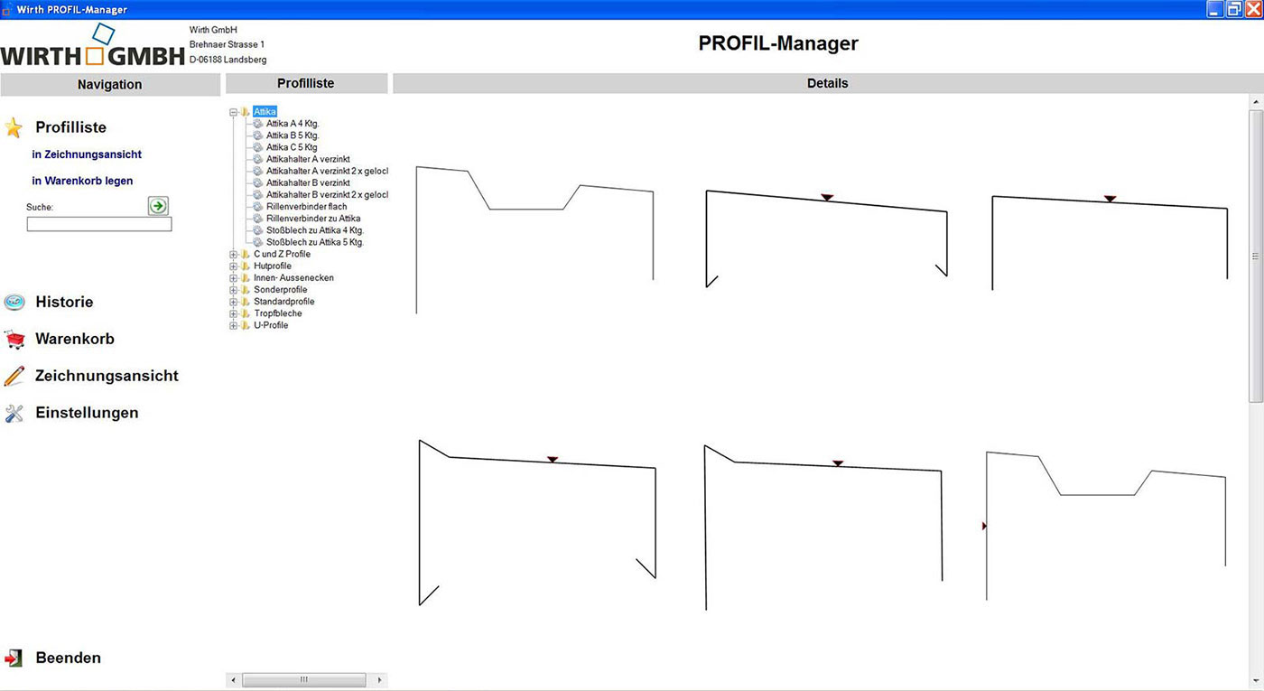 Abbildung: WIRTH Profil Manager, Profilbibliothek und Profildatenbank
