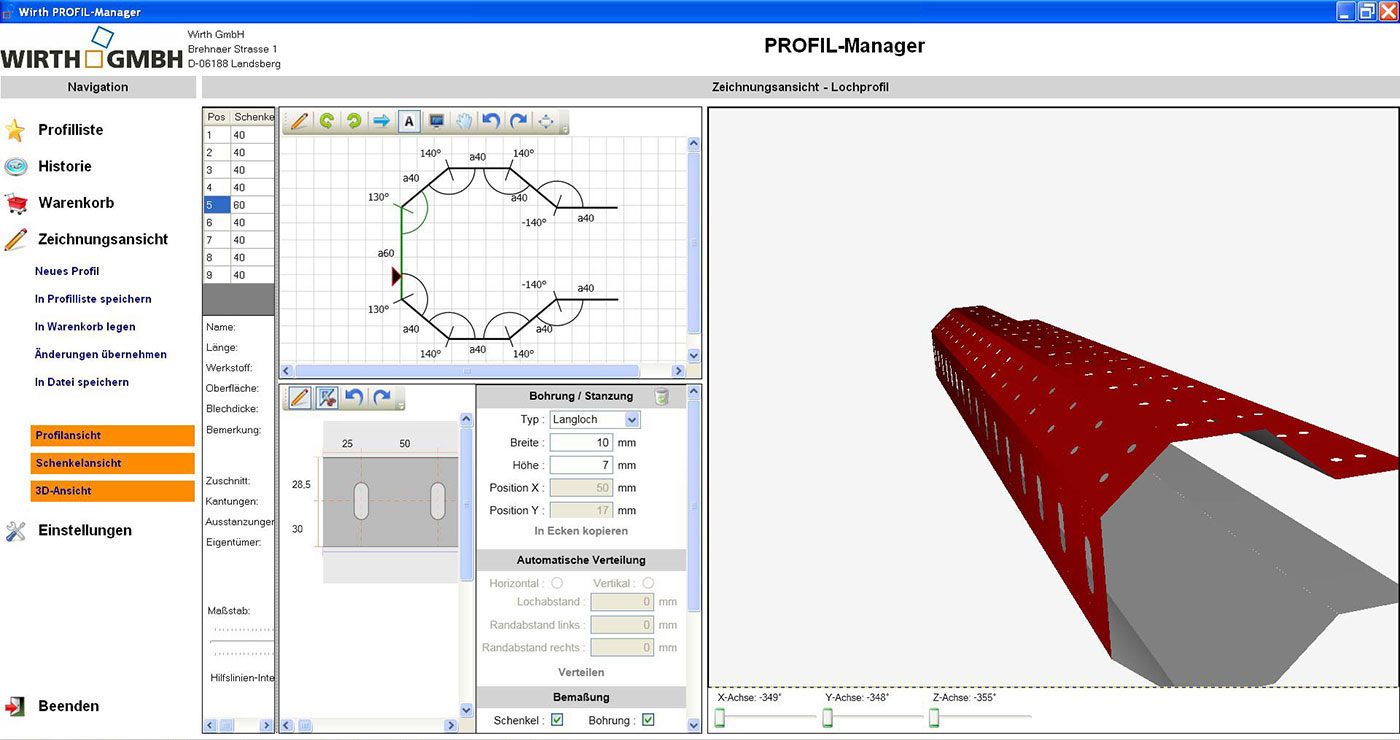 Abbildung: WIRTH Profil Manager, Ausstanzungen, Lochungen, Lochreihen