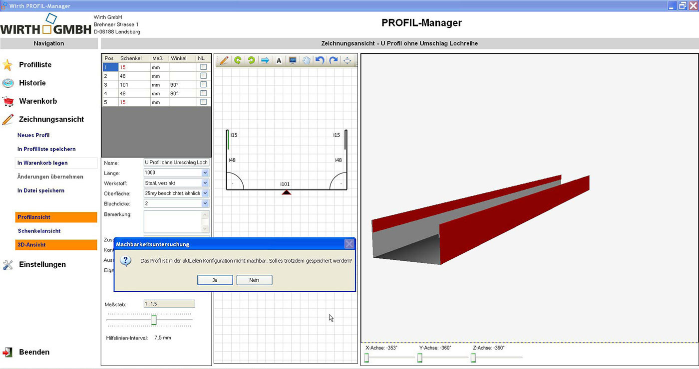 Abbildung: WIRTH Profil Manager, Plausibiltätsprüfung
